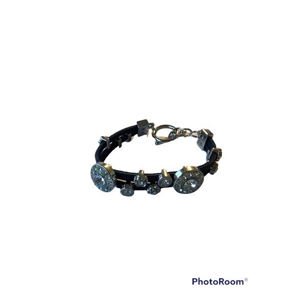 Black Leather Rhinestone Bracelet - Picture 3 of 5
